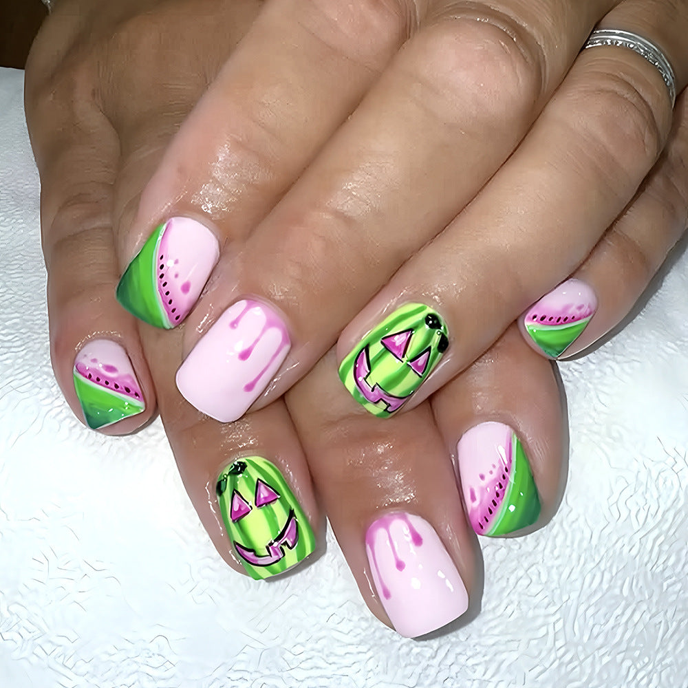 Watermelon Delight Medium Square Pink and Green Press On Nail Set with Playful Pumpkin Design
