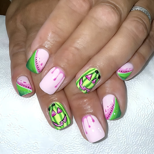 Watermelon Delight Medium Square Pink and Green Press On Nail Set with Playful Pumpkin Design