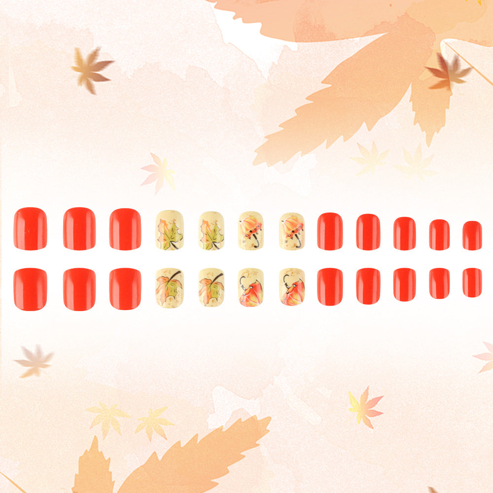 Autumn Blossom Glamour Medium Square Red and Beige Press-On Nail Set with Intricate Floral Designs