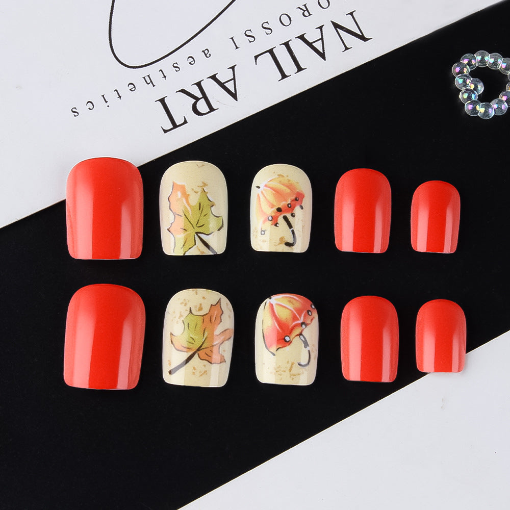 Autumn Vibes Medium Square Red and Cream Nail Set with Beautiful Leaf and Umbrella Designs