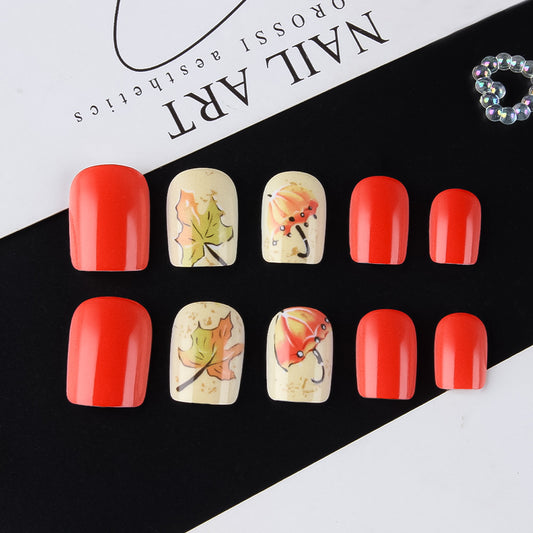 Autumn Vibes Medium Square Red and Cream Nail Set with Beautiful Leaf and Umbrella Designs