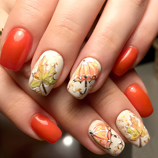 Autumn Bliss Medium Square Orange with Hand-Painted Leaf Design Press On Nail Set