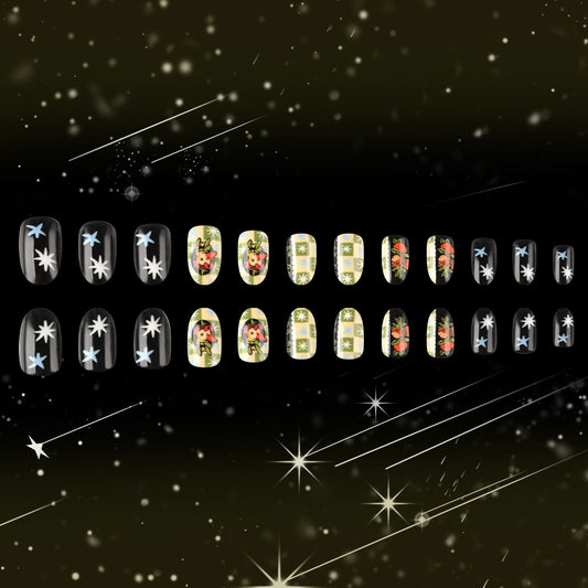 Celestial Charm Medium Oval Black and Yellow Press-On Nail Set with Floral Artistry