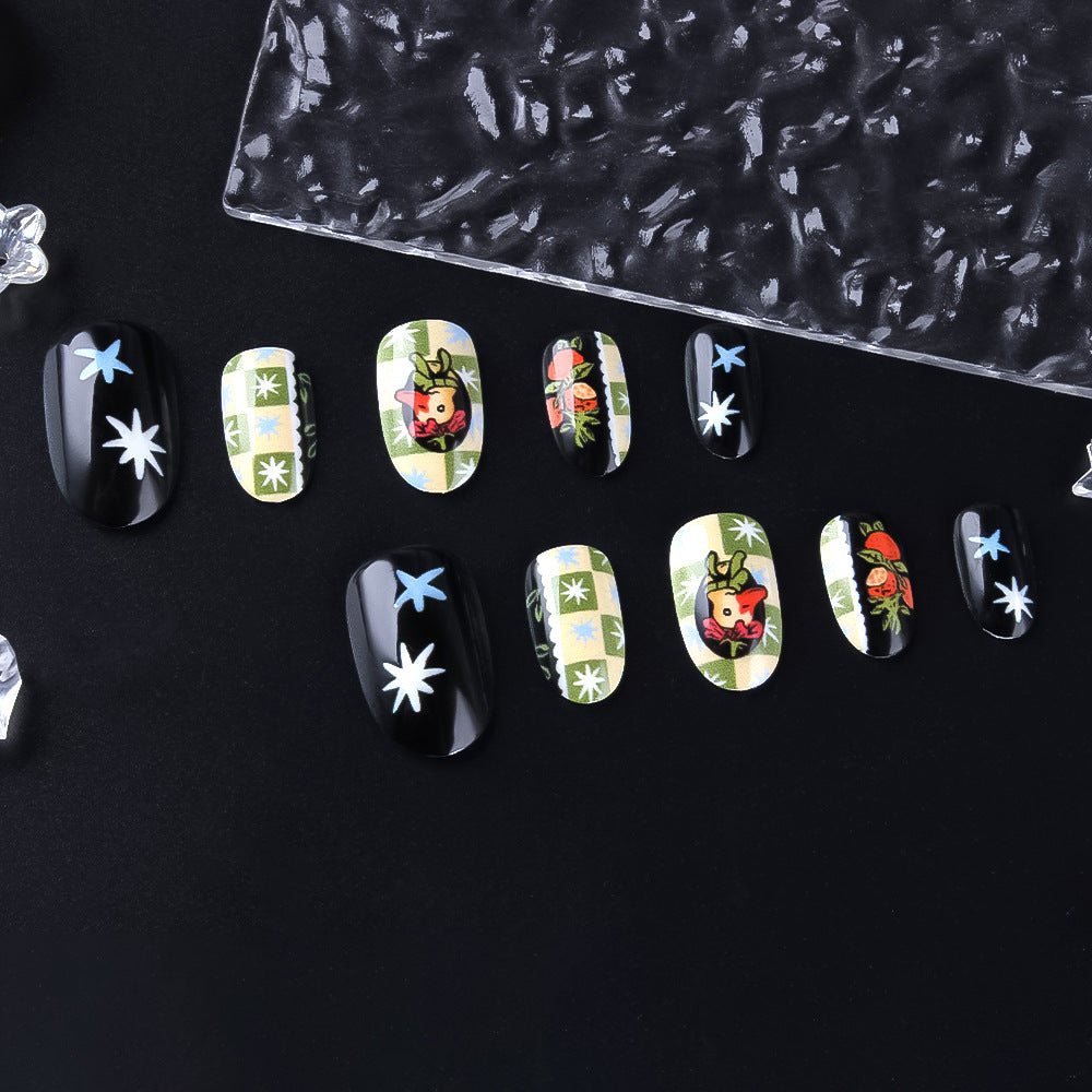Vintage Garden Inspiration Glossy Medium Oval Green and Black Floral Press On Nail Set