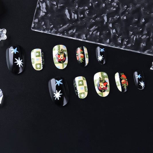 Vintage Garden Inspiration Glossy Medium Oval Green and Black Floral Press On Nail Set