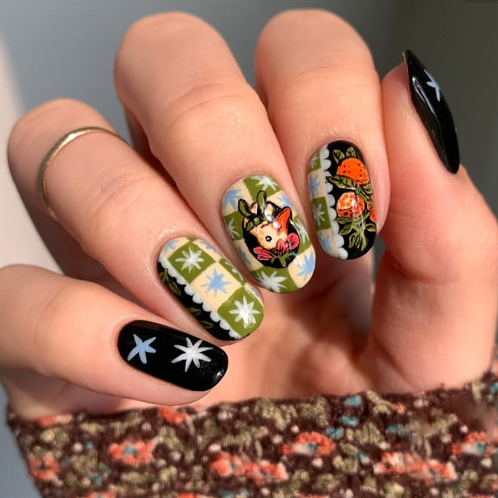 Whimsical Garden Medium Oval Green Black with Floral and Character Designs Press On Nail Set
