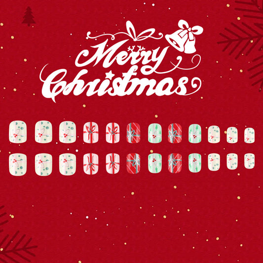Festive Wonderland Short Square Red and Green Press On Nail Set with Holiday Gift Box Design