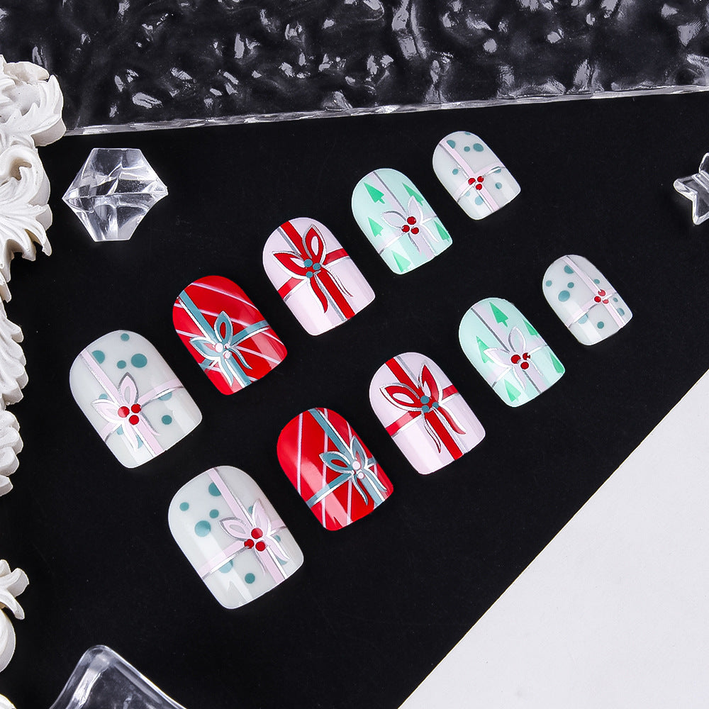 Festive Glamour Charming Short Square Red and Mint Green Press-On Nail Set with Gift Bow Designs