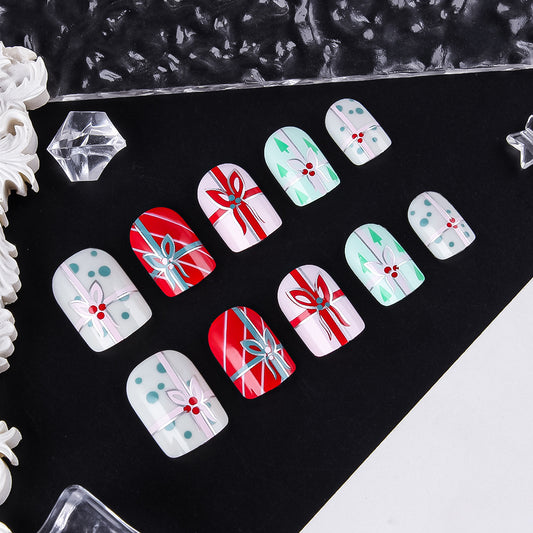 Festive Glamour Charming Short Square Red and Mint Green Press-On Nail Set with Gift Bow Designs