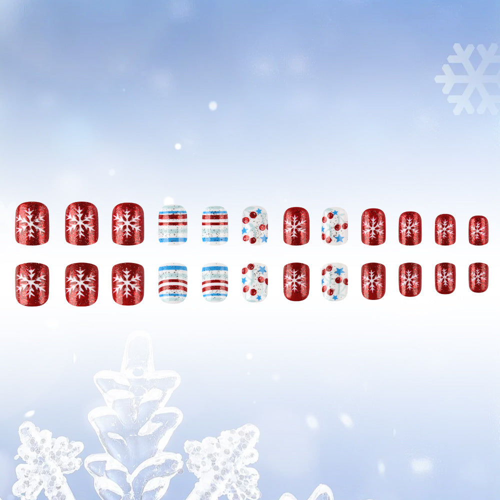 Winter Wonderland Festive Short Square Red and Blue Press on Nail Set with Snowflake and Ornament Design
