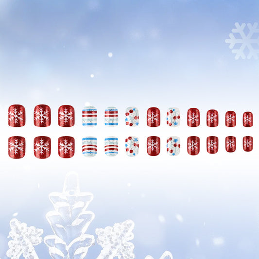 Winter Wonderland Festive Short Square Red and Blue Press on Nail Set with Snowflake and Ornament Design