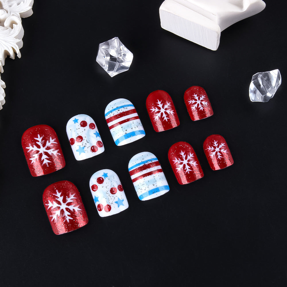 Winter Wonderland Stylish Short Square Red and White Snowflake Design Nail Set