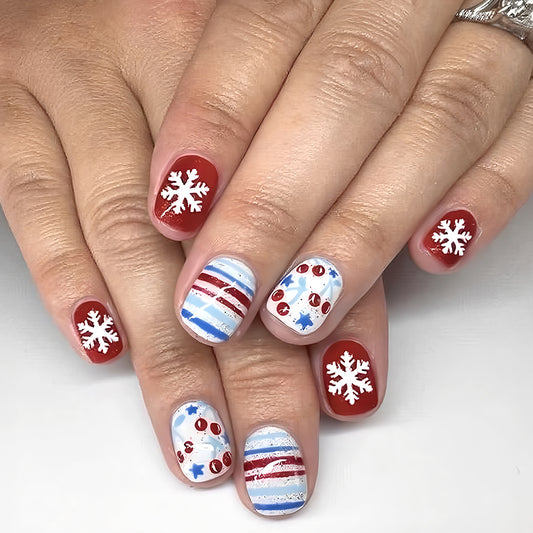 Winter Wonderland Short Square Red and Blue Press On Nail Set with Festive Snowflake Design