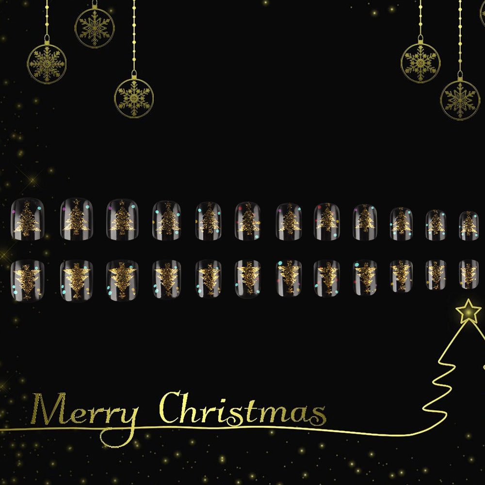 Festive Elegance Short Square Black with Glittering Christmas Tree Design Press-On Nail Set