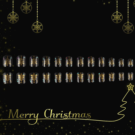 Festive Elegance Short Square Black with Glittering Christmas Tree Design Press-On Nail Set