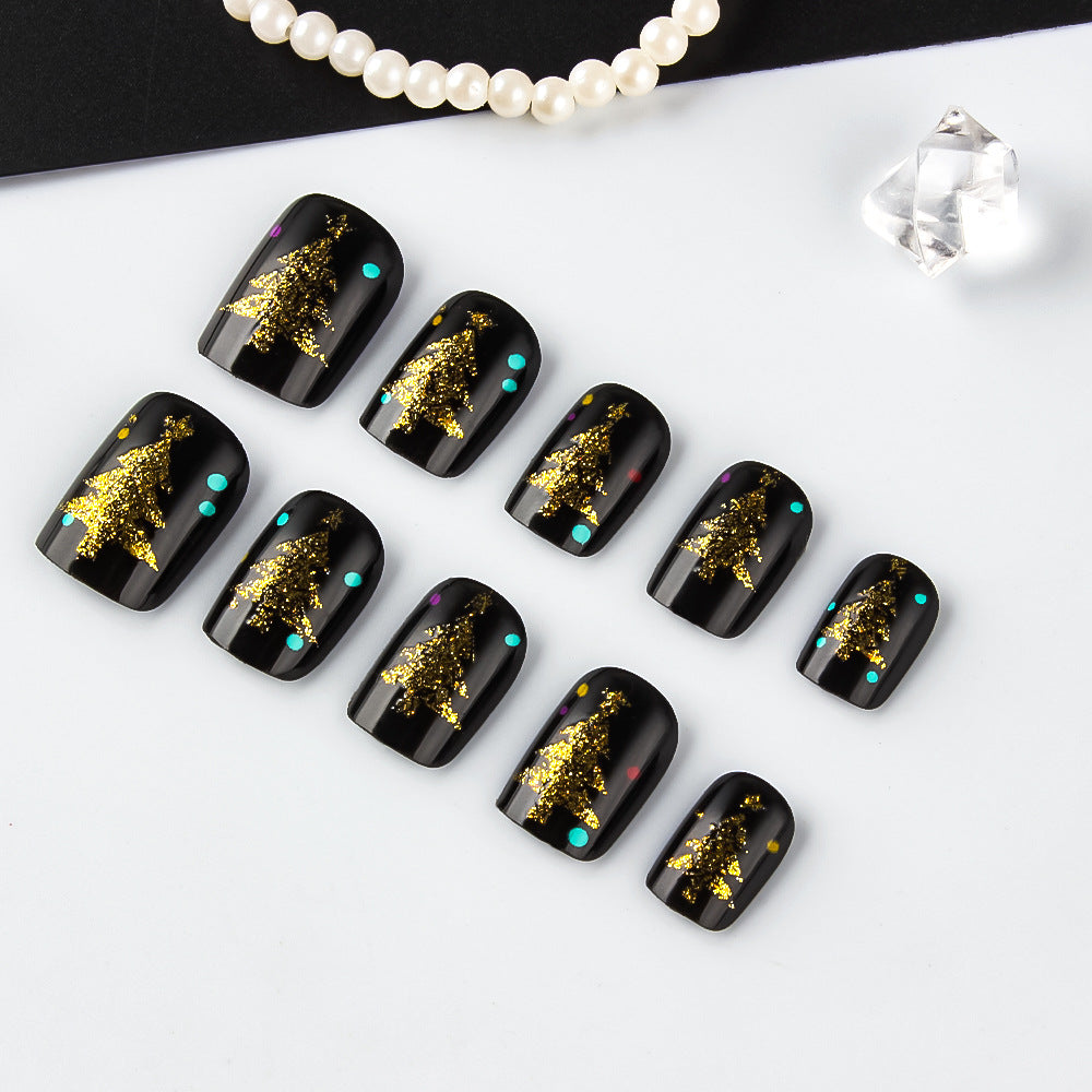 Festive Winter Wonderland Short Square Black Nails with Glittering Gold Christmas Trees and Colorful Dots