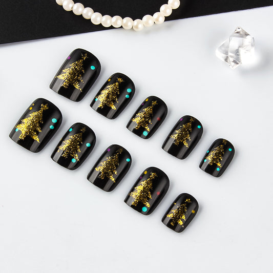Festive Winter Wonderland Short Square Black Nails with Glittering Gold Christmas Trees and Colorful Dots