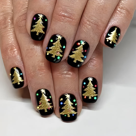 Festive Winter Wonderland Short Square Black Press On Nail Set with Shimmering Gold Christmas Trees