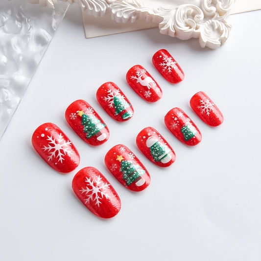 Festive Holiday Cheer Classic Medium Oval Red Nail Set with Christmas Tree and Snowflake Designs