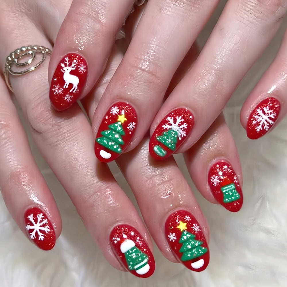 Festive Holiday Medium Oval Red Glitter Press On Nail Set with Whimsical Winter Designs