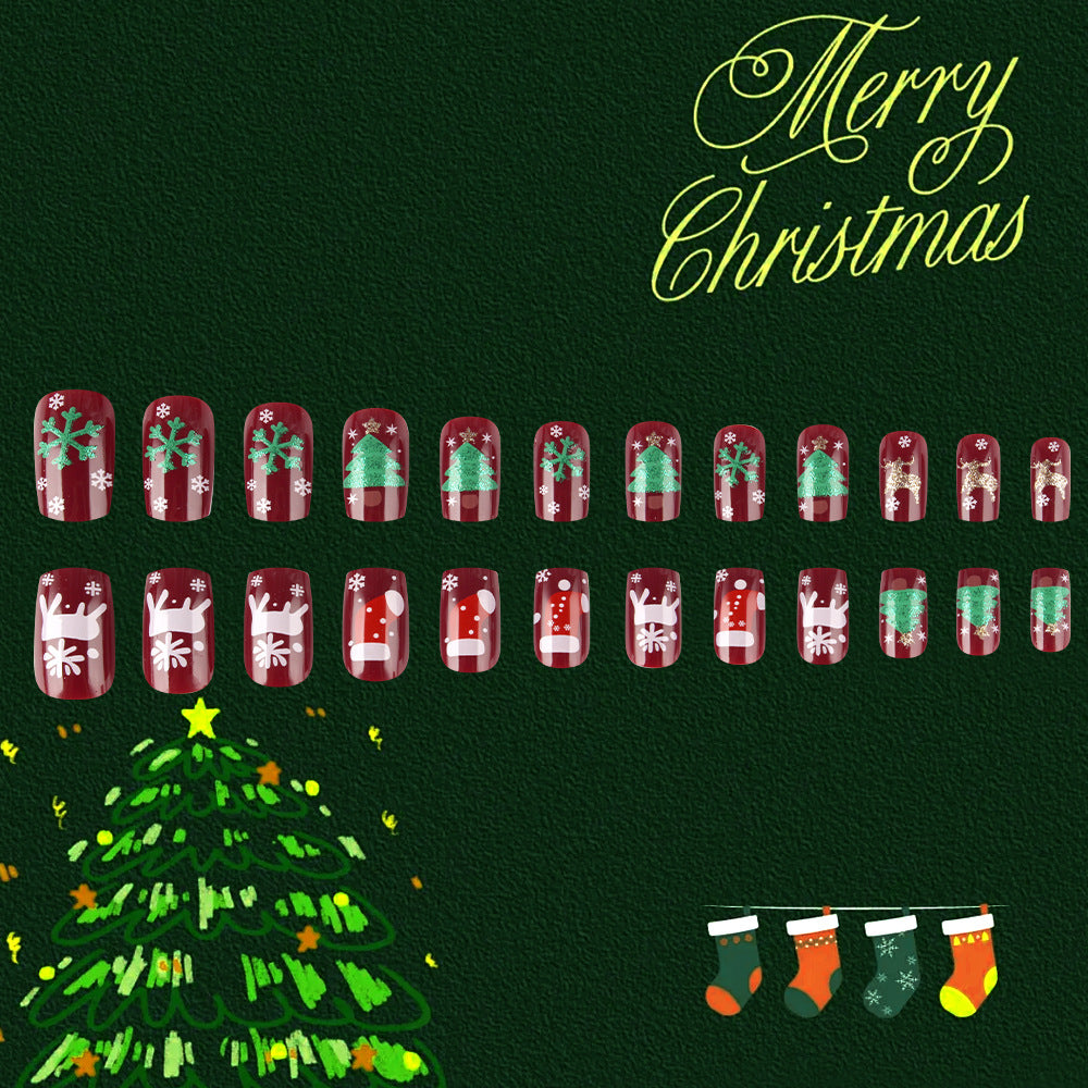 Festive Cheer Medium Square Burgundy Christmas Themed Press On Nail Set with Glittering Designs