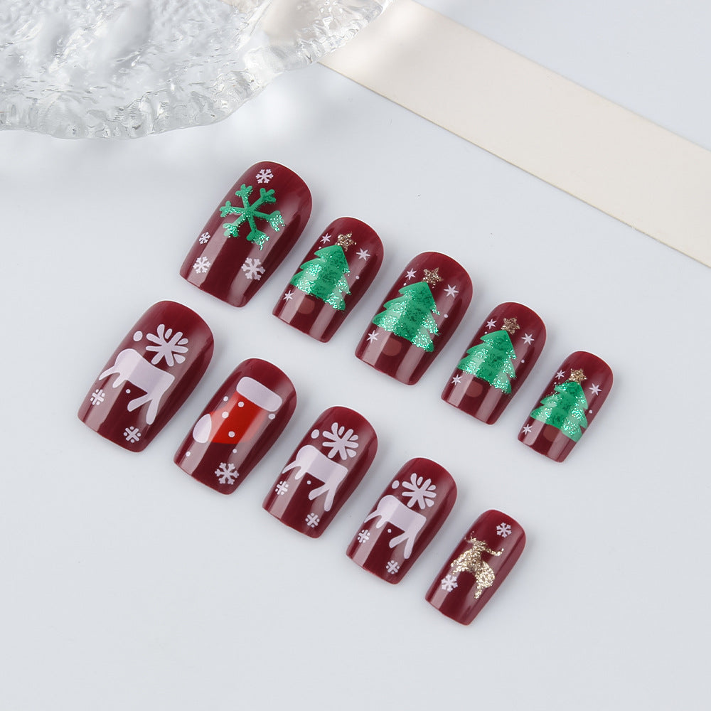 Festive Holiday Charm Medium Square Burgundy Nails with Glittery Christmas Tree and Reindeer Designs