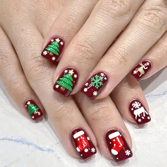 Festive Holiday Short Square Burgundy Press On Nail Set with Glittering Christmas Designs