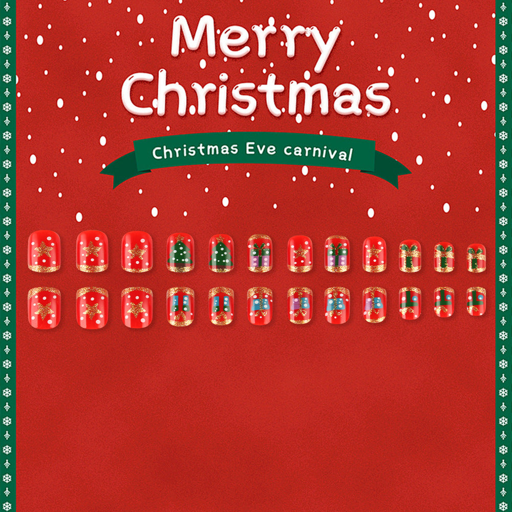 Festive Wonderland Red Short Square Nail Set with Sparkling Christmas Designs