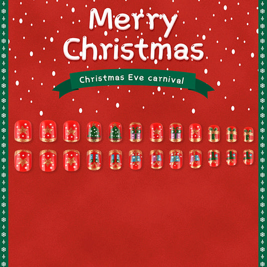 Festive Wonderland Red Short Square Nail Set with Sparkling Christmas Designs