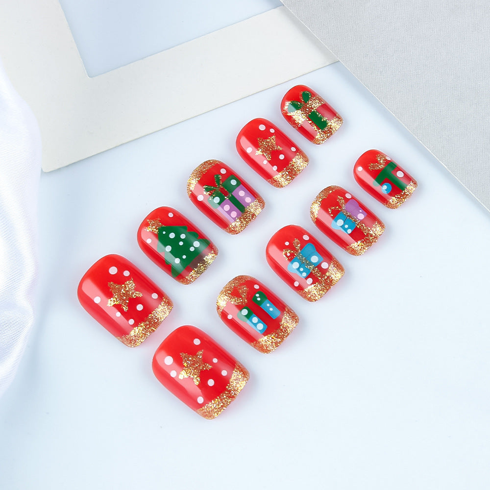 Festive Wonderland Red Short Square Press On Nail Set with Glittery Christmas Designs