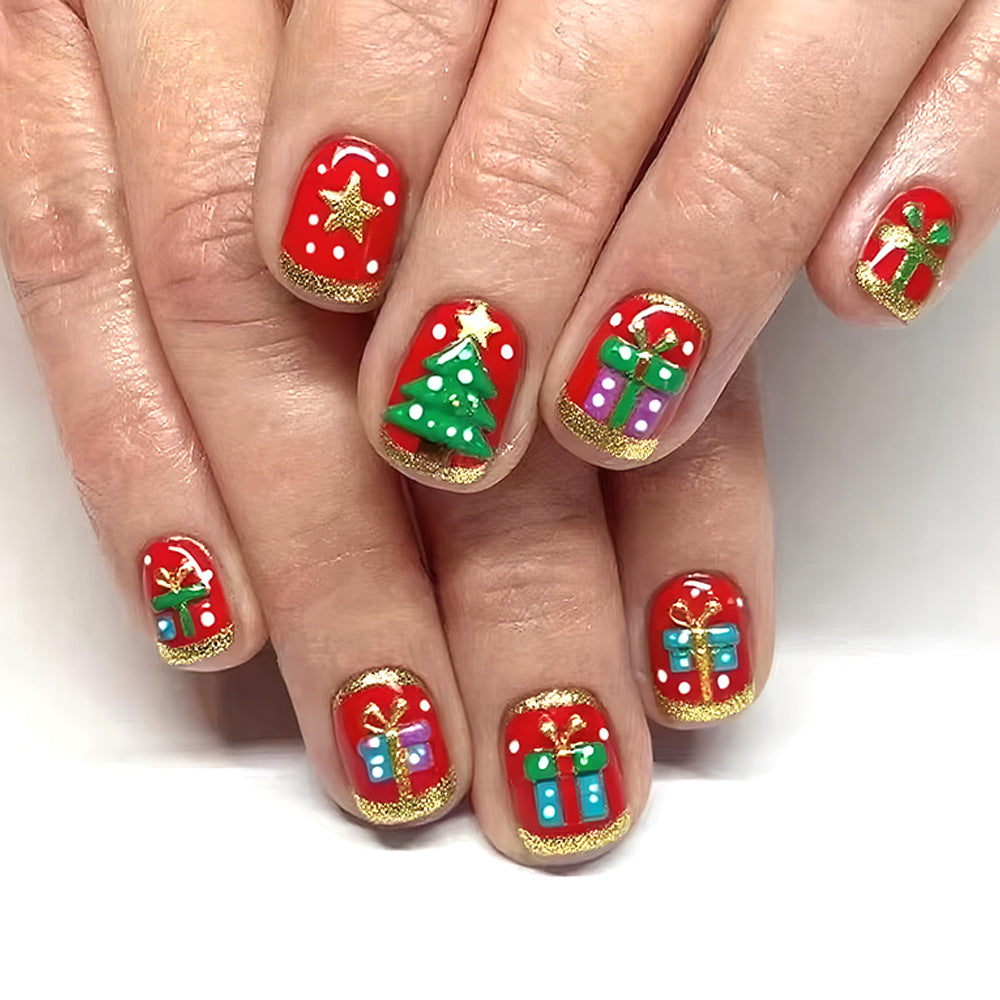Festive Cheer Red Short Square Press On Nail Set with Glitter and Holiday Designs