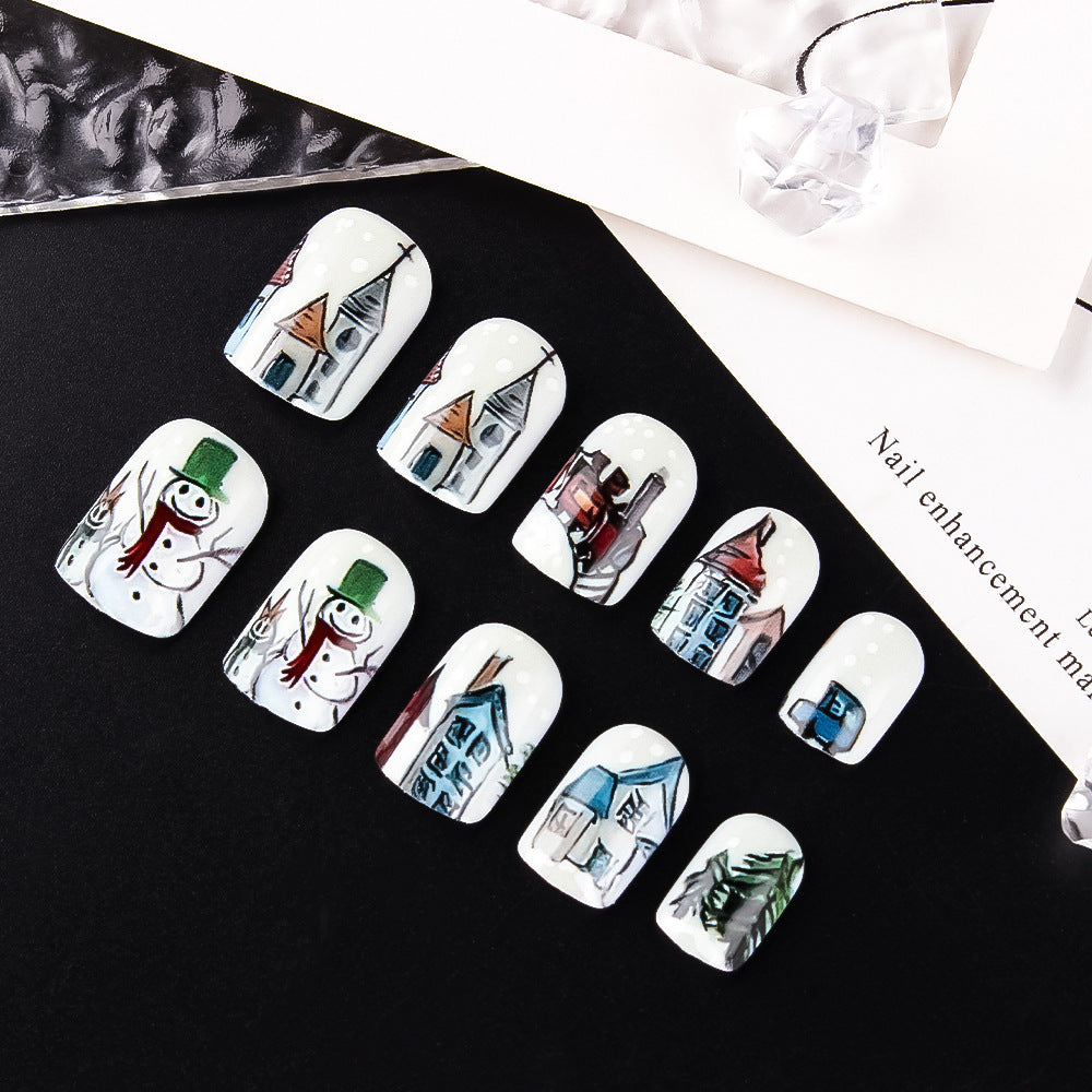 Winter Wonderland Vintage Short Square White Press On Nail Set with Charming Hand-Drawn Holiday Scenes