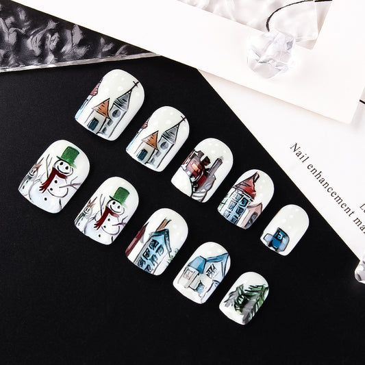 Winter Wonderland Vintage Short Square White Press On Nail Set with Charming Hand-Drawn Holiday Scenes