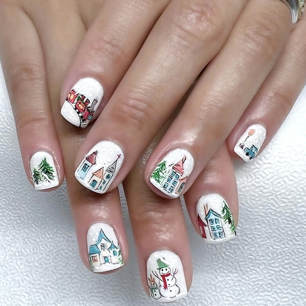 Winter Wonderland Short Square White Nail Set Featuring Whimsical Holiday Designs