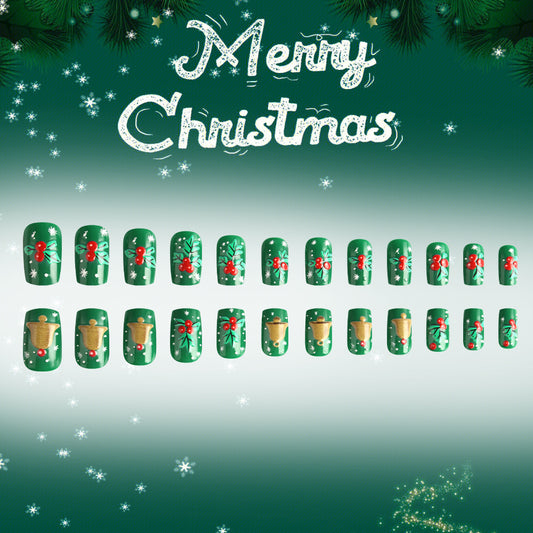 Festive Green Short Square Press On Nail Set with Holly Berry Design and Gold Accents