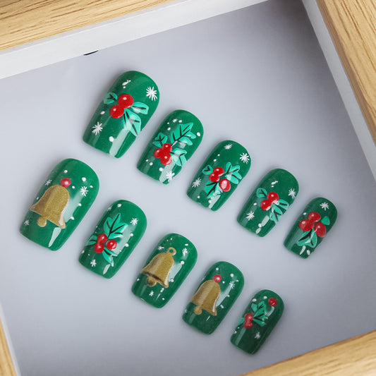 Festive Green Medium Square Nail Set with Bell and Holly Design