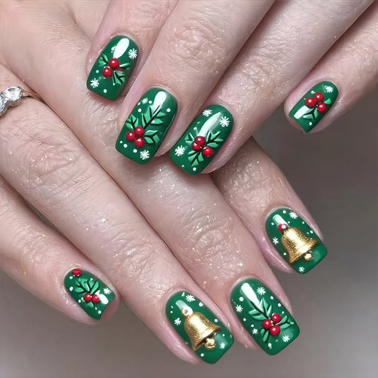 Festive Charm Green Medium Square Press On Nail Set with Holly and Gold Bell Accent