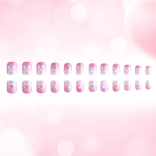 Whimsical Romance Short Square Length Pink Gradient Press On Nail Set with Gold Arrow Accents
