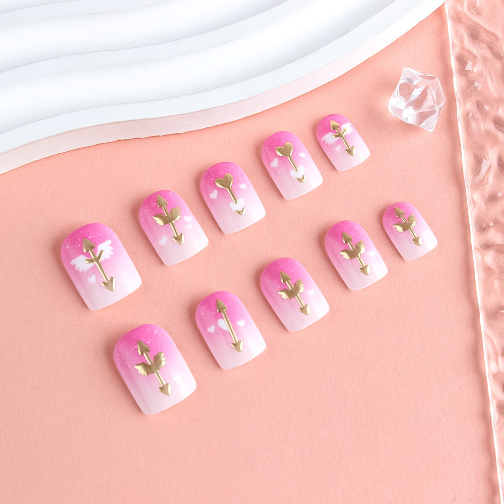 Romantic Arrow Inspired Short Square Pink Ombre Press On Nail Set with Gold Details