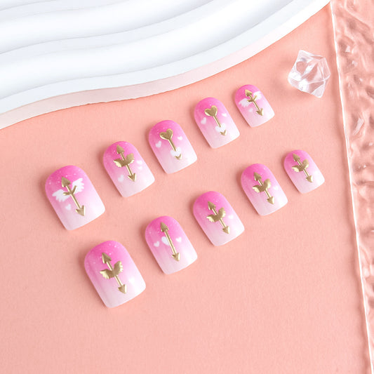 Romantic Arrow Inspired Short Square Pink Ombre Press On Nail Set with Gold Details