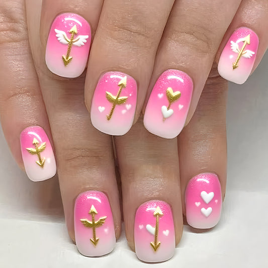 Cupid's Arrow Delight Short Square Pink Gradient Nail Set with Charming Gold Accents