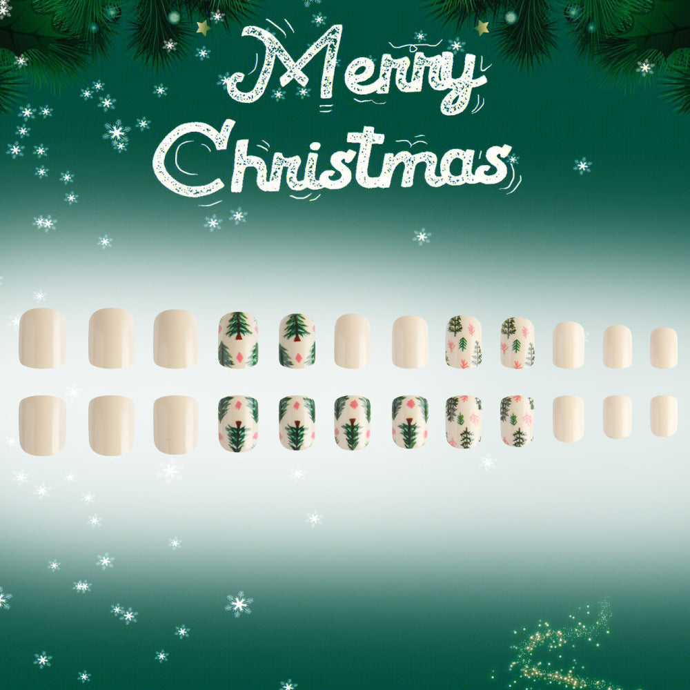 Festive Winter Wonderland Short Square Creamy White with Christmas Tree Design Press-On Nail Set