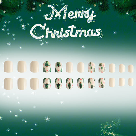 Festive Winter Wonderland Short Square Creamy White with Christmas Tree Design Press-On Nail Set