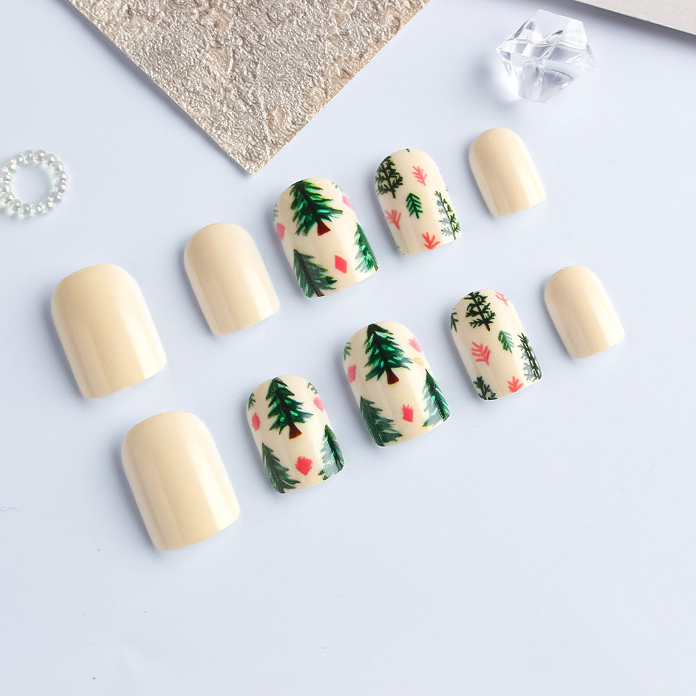 Whimsical Forest Inspired Press On Nail Set Short Square Shaped Creamy Beige with Elegant Pine Tree Design