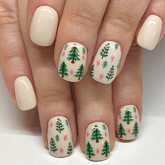 Whimsical Forest Inspired Short Square Beige Press On Nail Set Featuring Lush Green Tree Designs