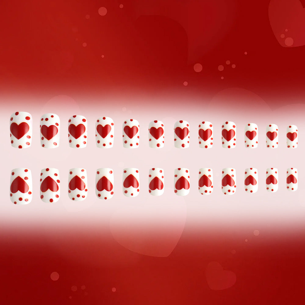 Romantic Love Inspired Short Square Red and White Press On Nail Set with Heart and Polka Dot Design