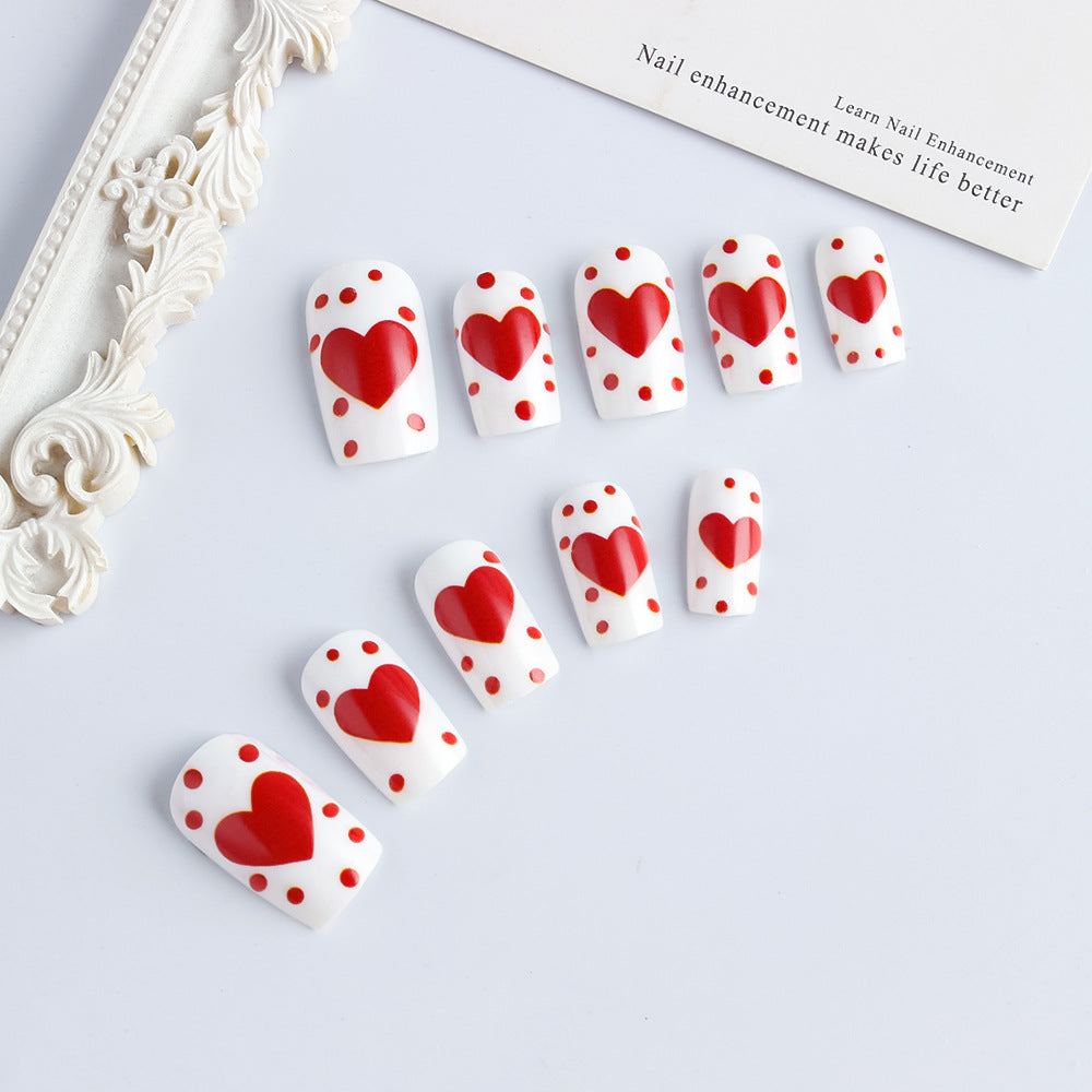 Romantic Love Heart Short Square Shaped Press On Nail Set in White with Red Hearts and Dots for Festive Celebrations