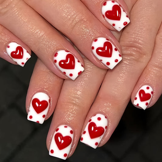 Romantic Love Inspired Press On Nail Set Short Square White with Red Hearts and Dots Design