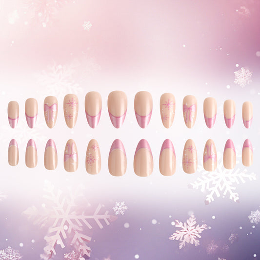 Winter Wonderland Elegant Medium Almond Pink Gradient Press-On Nail Set with Snowflake Design