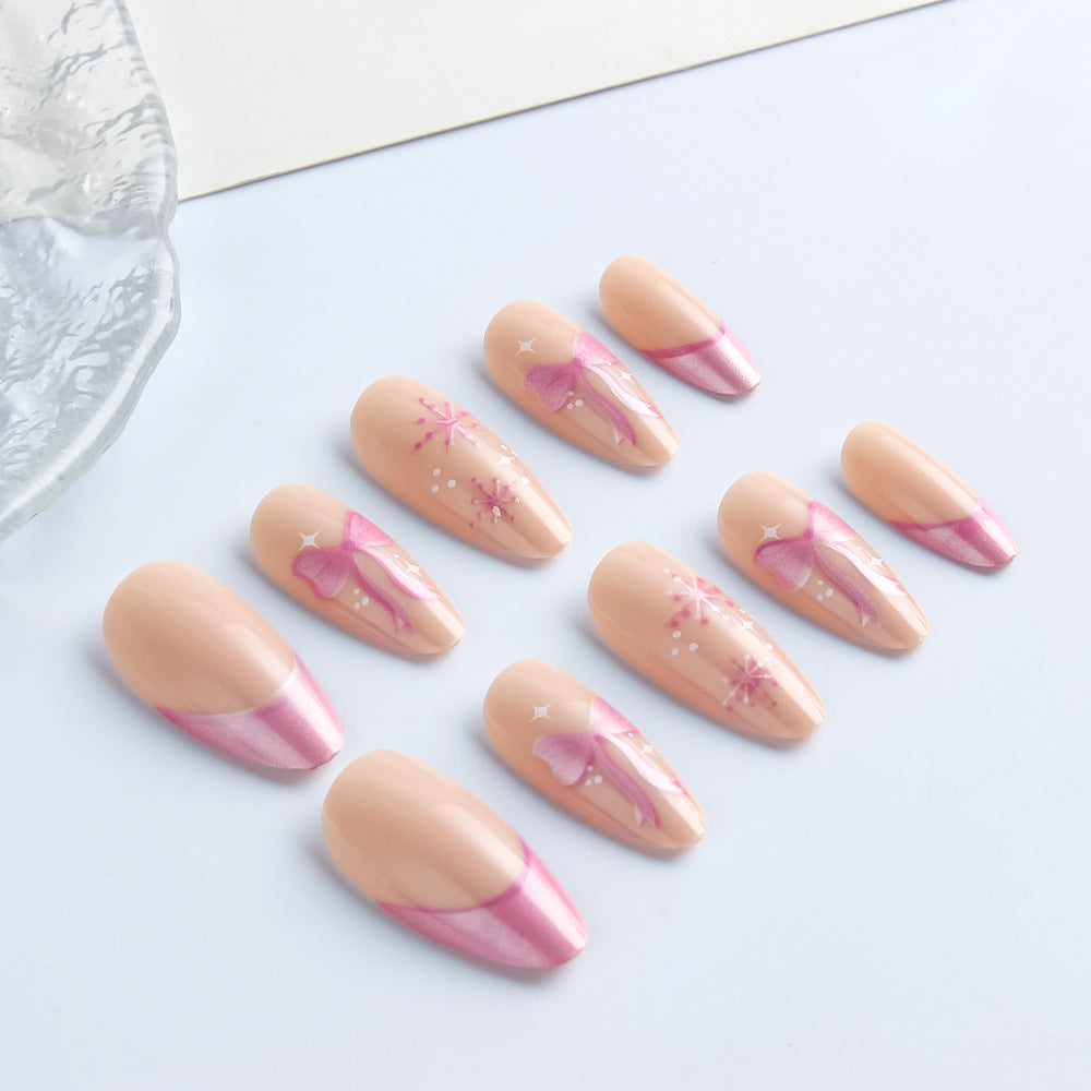 Charming Elegance Medium Almond Beige and Pink Nail Set with Beautiful Bow and Glitter Design